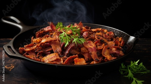 Fried crunchy plant based vegan Bacon pieces in a cast iron skillet. photo