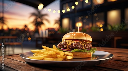 fresh delicious mouth-watering hamburger with cutlet, salad and fried onions and mustard on a plate in a summer restaurant in the evening outdoor on the street veranda close-up. minimalistic lifestyle photo