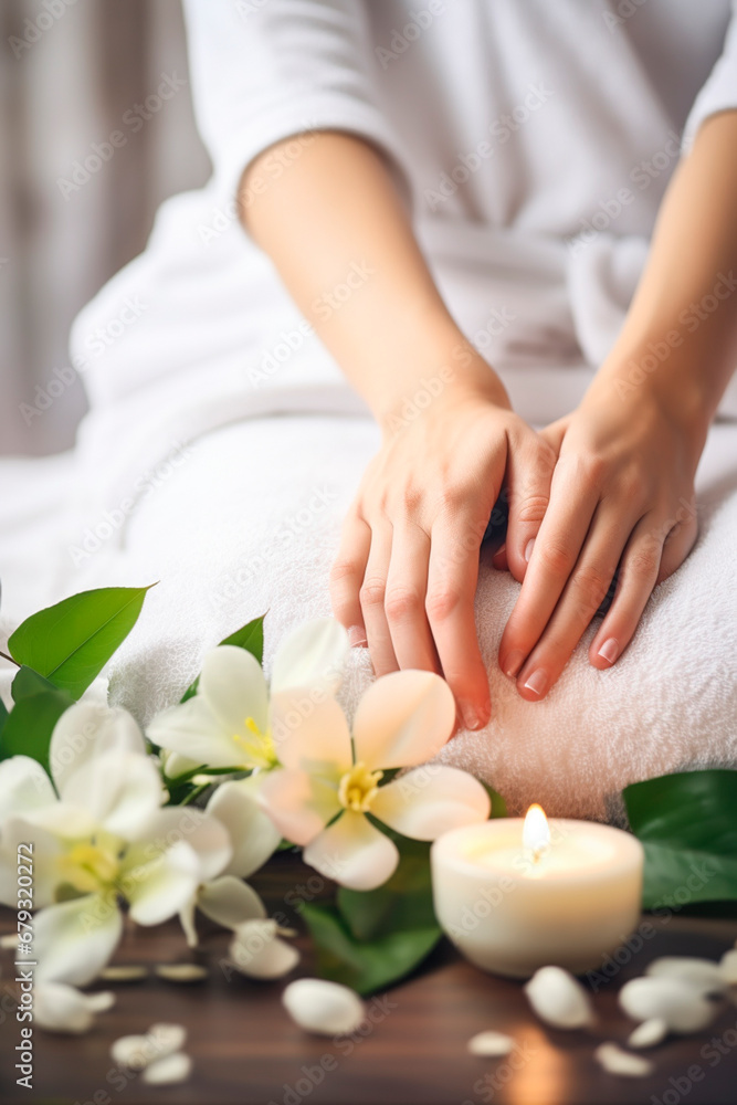 Beautiful well-groomed hands on a towel in a spa salon. Generative AI, Beautiful well-groomed hands on a towel in a spa salon. Generative AI,