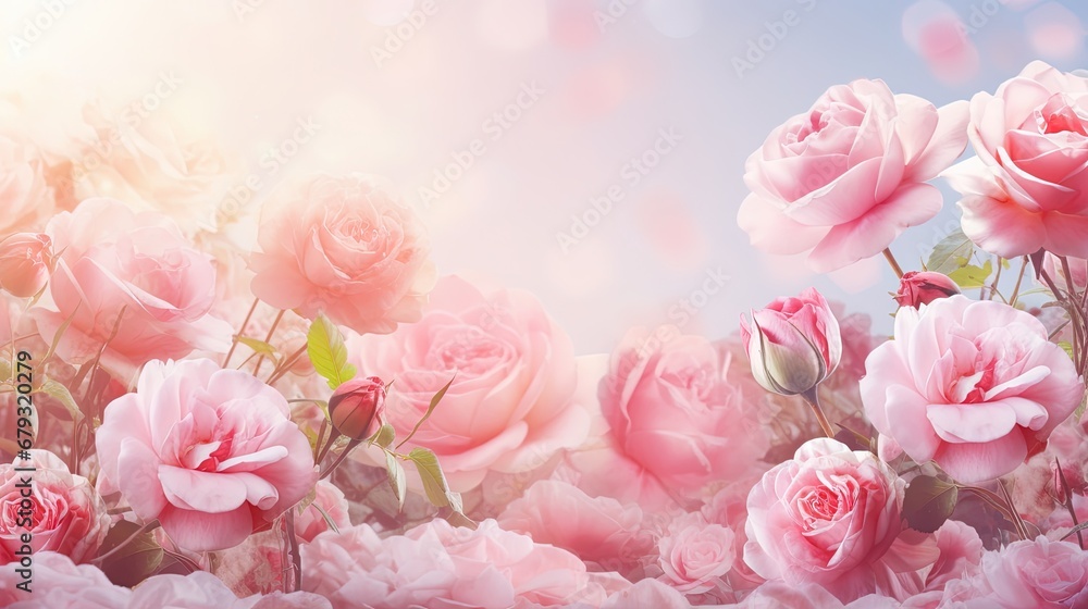 Mysterious fairy tale spring floral wide panoramic banner with fabulous blooming pink rose flowers summer fantasy garden on blurred sunny bright shiny glowing background and copy space - obrazy, fototapety, plakaty 