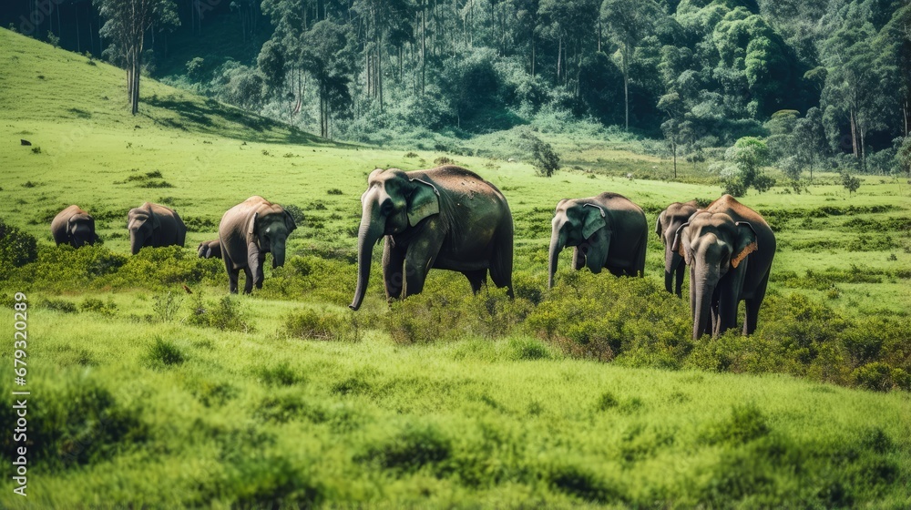 many wild elephants grazing green grass in forest meadow. elephant family in adventure safari trek in mountain of Munnar.Chinnar.Kerala. India. Indian wildlife animal in national park greenery color