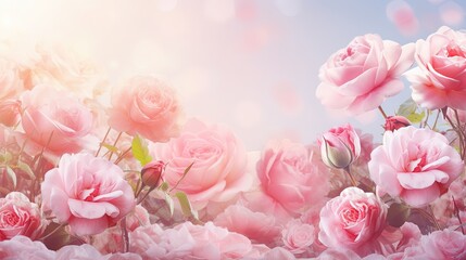 Mysterious fairy tale spring floral wide panoramic banner with fabulous blooming pink rose flowers summer fantasy garden on blurred sunny bright shiny glowing background and copy space
