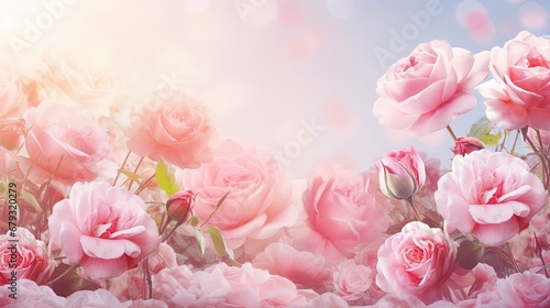 Mysterious fairy tale spring floral wide panoramic banner with fabulous blooming pink rose flowers summer fantasy garden on blurred sunny bright shiny glowing background and copy space photo