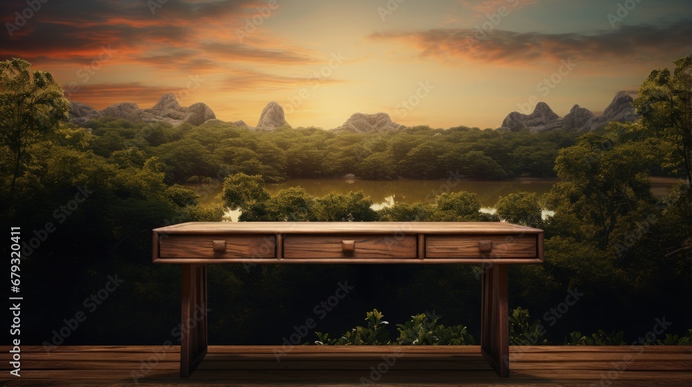 Naklejka premium Wooden desk for product on nature landscape