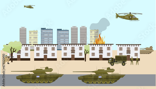 Tanks and soldiers in the city.  Military conflict. Middle east. Attack of the town. 