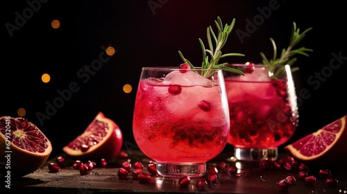 Pomegranate gin fizz cocktail with sparkling wine, rosemary and ice. Holidays refreshing alcoholic drink. Pomegranate cold detox beverage. photo