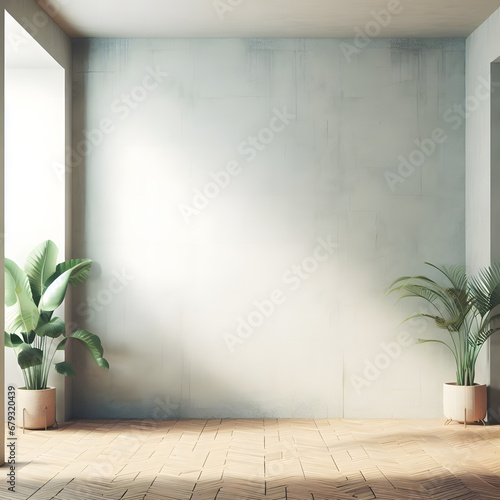 Interior of modern living room with empty walls, wooden floor, plants, and sunlight. 3d mockup, generative ai