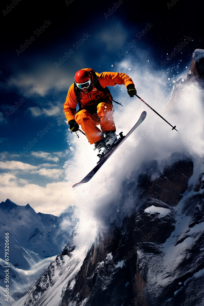 ski resort man goes down the mountain. Generative AI,