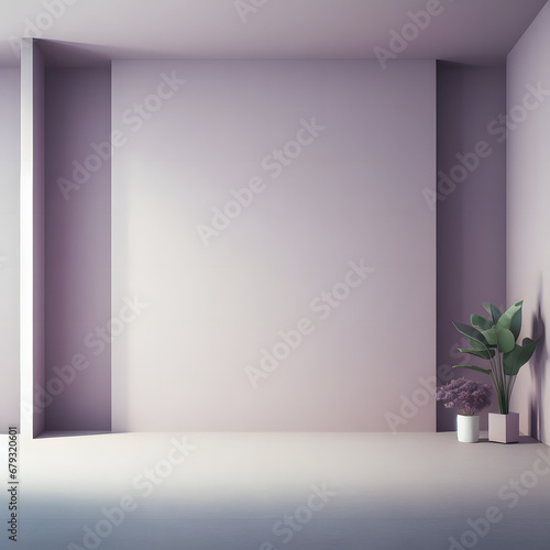 Minimalistic interior with empty walls and plants  lilac background mockup  3D Rendering  generative ai