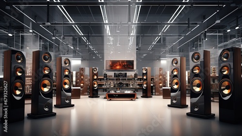 Professional speakers in music store. Buy hi fi sound system photo