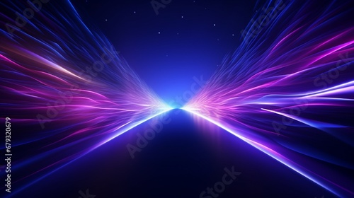 Vector glitter light fire flare trace. Abstract image of speed motion on the road. Dark blue abstract background with ultraviolet neon glow, blurry light lines, waves