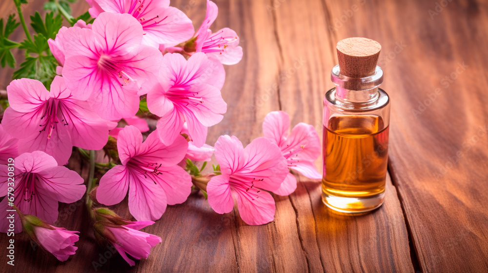 Geranium essential oil in a bottle. Generative AI, Geranium essential oil in a bottle. Generative AI,