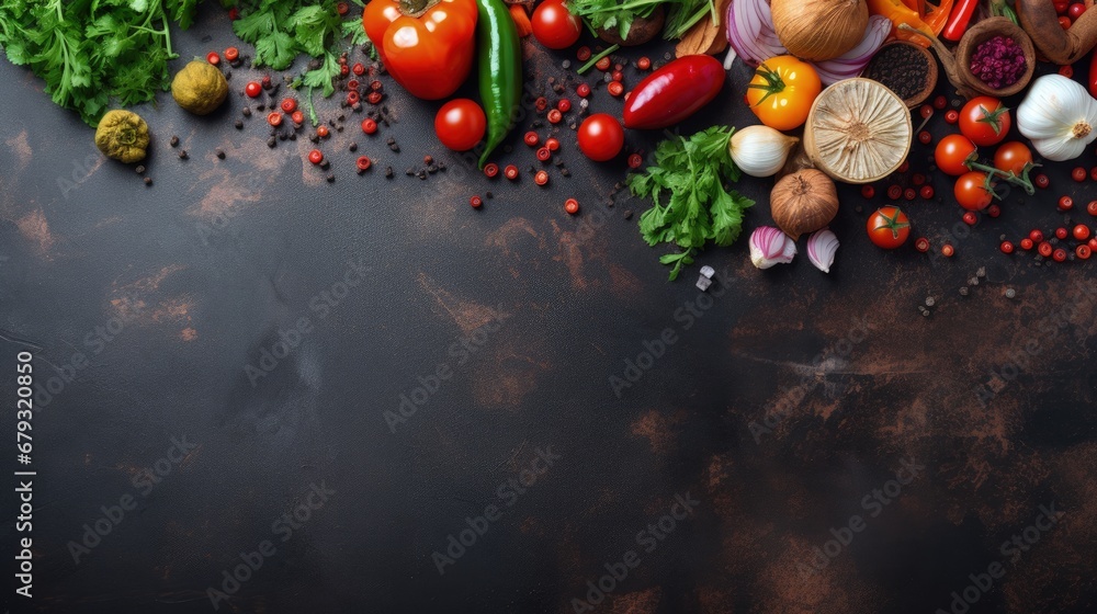 Fresh delicious ingredients for healthy cooking or salad making on rustic background, top view, banner. Diet or vegetarian food concept. - obrazy, fototapety, plakaty 
