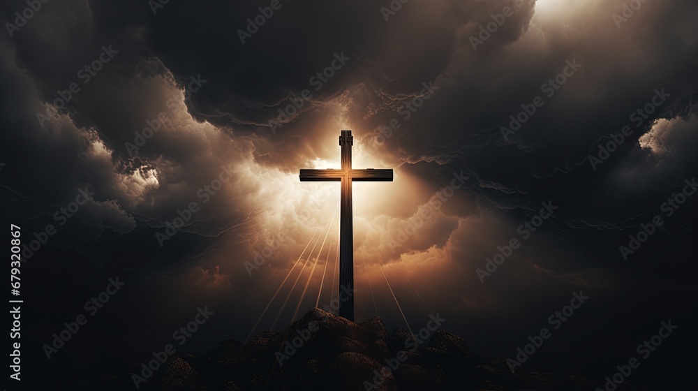 Fototapeta premium Dramatic image showing a religious church cross framed against a moody sky that is beginning to open and pierce light through behind the cross, showing the Lord's presence.