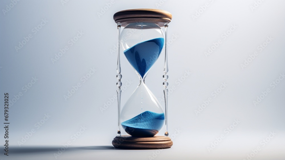 A minimalist, glass hourglass with blue sand running out, symbolizing the old year's end. - obrazy, fototapety, plakaty 