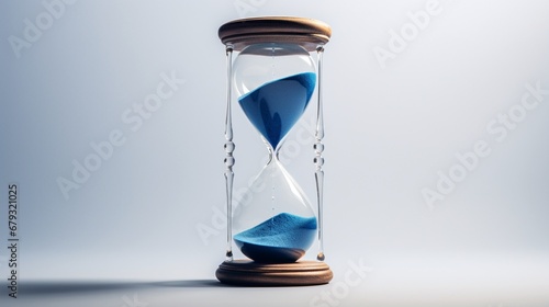 A minimalist, glass hourglass with blue sand running out, symbolizing the old year's end. photo