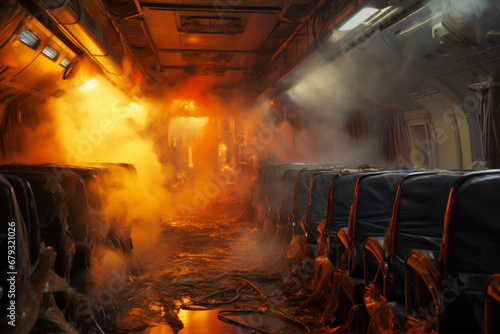 In-flight crisis: Cabin engulfed in flames and smoke © Andrii 
