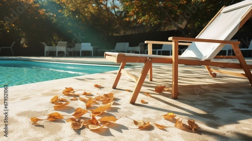 Cleaning swimming pool of fallen leaves with skimmer net equipment against sun resort loungers at sunny summer day photo