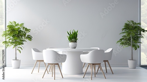 Stylish white dining room with large round table and designer chairs, cups coffee, large houseplant in pot. White plastic chairs pantone. Modern Kitchen interior design with furniture.