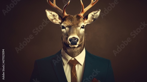 Deer in clothes with shiny horns. Business man in suit with tie with deer head. Graphic concept in vintage style. © HN Works