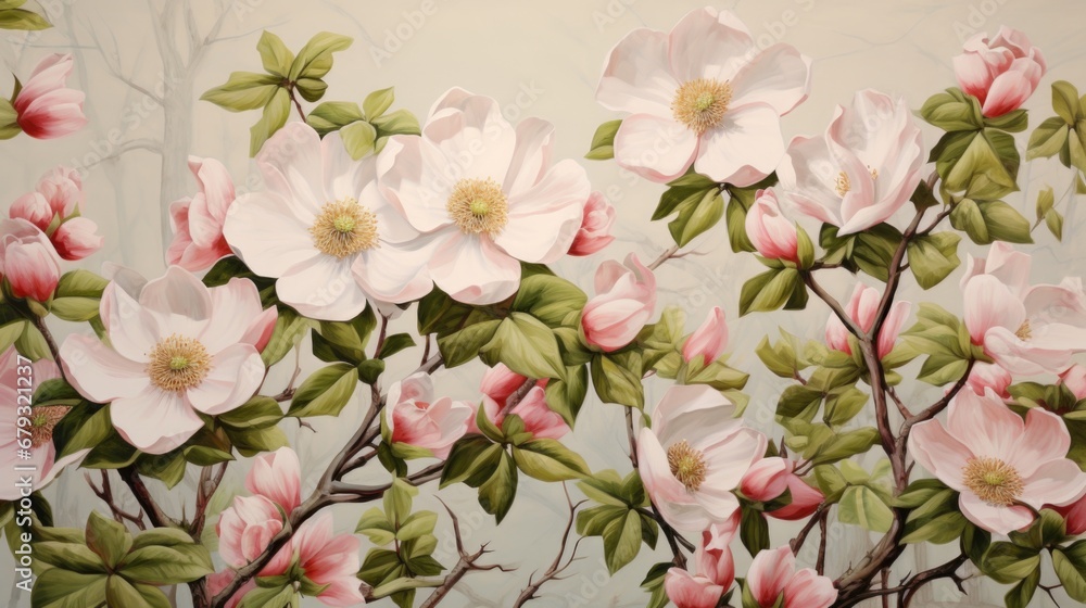 A painting of a bunch of flowers on a wall. A painting of a bunch of flowers on a wall.