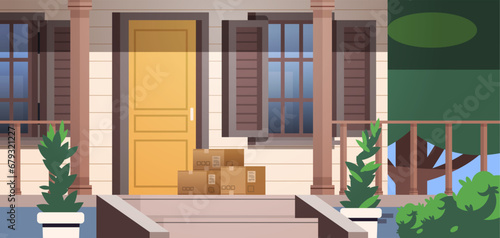 Cardboard parcels on the porch of a house. Doorstep delivery concept. Flat vector illustration.