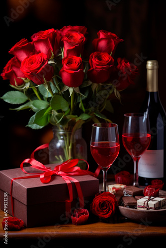 Beautiful gift roses and wine for Valentine's Day. Generative AI,