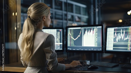 Rear View Of Young Businesswoman Looking At Graph On The Computer In The Office