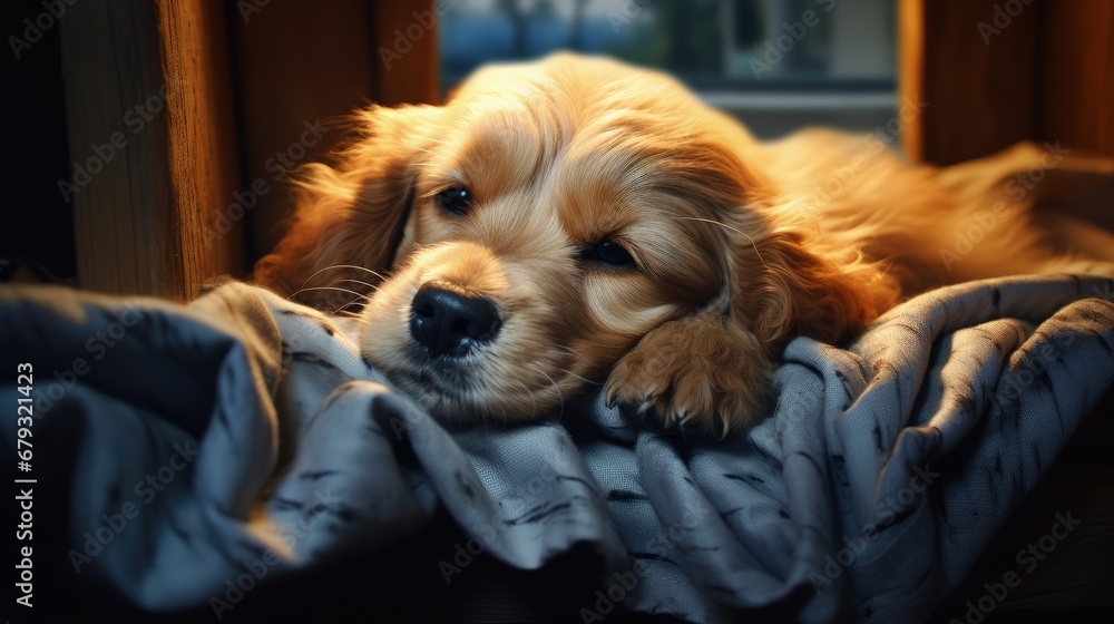 Cute dog sleeping and afraid of something