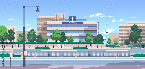 Modern city hospital building. Public clinic exterior architecture. Flat vector illustration