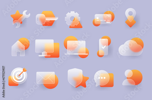 Glass transparent business icons set. Glassmorphism vector icons for interface