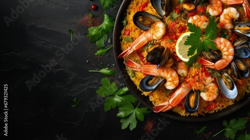 Traditional Spanish paella with seafood in a frying pan on a black stone background. Top view, flat lay. Mediterranean Kitchen. Textured object, selective focus photo