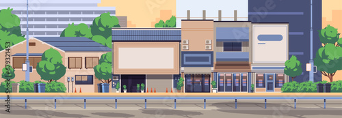 Modern Japanese street panoramic banner. Asian buildings with shops and stores. Vector flat illustration