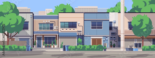 Japanese residential street. House facades with roller shutters. Asian street landscape view banner