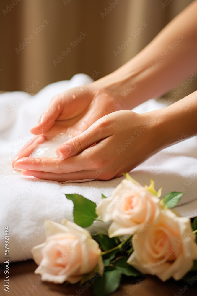 Women hands with flowers spa salon. Generative AI, Women hands with flowers spa salon. Generative AI,