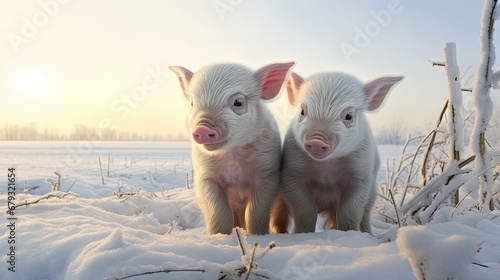 Two piglets standing on a field outside on a pigfarm in Dalarna, Sweden photo