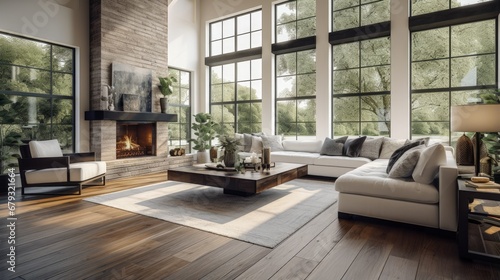 Beautiful living room interior with hardwood floors and fireplace in new luxury home. Large bank of windows with exterior view. photo