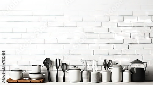 Kitchen tools, utensils and kitchenware on white brick wall background