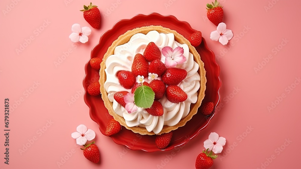 Naklejka premium delicious strawberry quick and simple tart pie with vanilla ice cream on the pink background. summer girls brunch party with strawberry pie and champagne. top view sunny light.