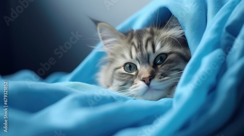 The sick cat lay weakly on the blue cloth, it gaze stared out in motion. Cat's Health Concept. Soft focus.