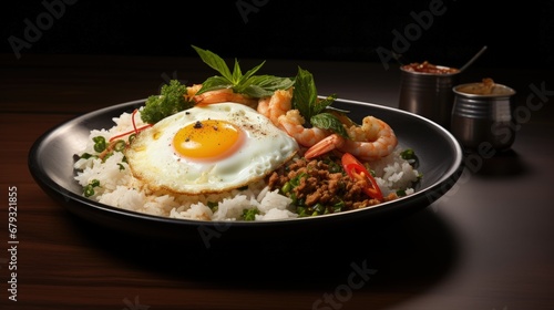 Rice topped with stir-fried seafood and holy basil, fried egg, white plate.