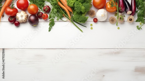 Fresh vegetables on white wood background. Mockup for menu or recipe
