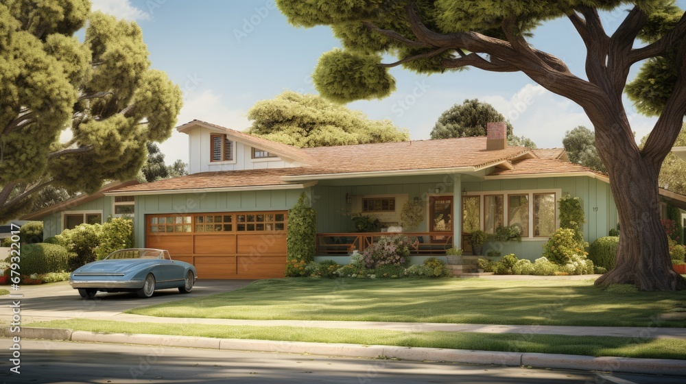 Large suburban house exterior with tree car garage Large suburban house exterior with tree car garage