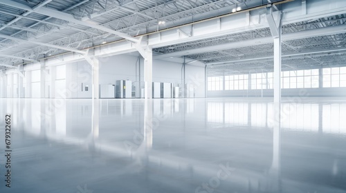 Industrial building or modern factory for manufacturing production plant or large warehouse, Polished concrete floor clean condition and space for industry product display or industry background.