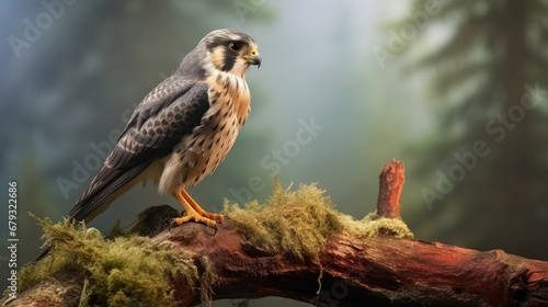 The Eurasian hobby Falco subbuteo or just hobby, is a small, slim falcon, Falconidae, young bird on the branch.
