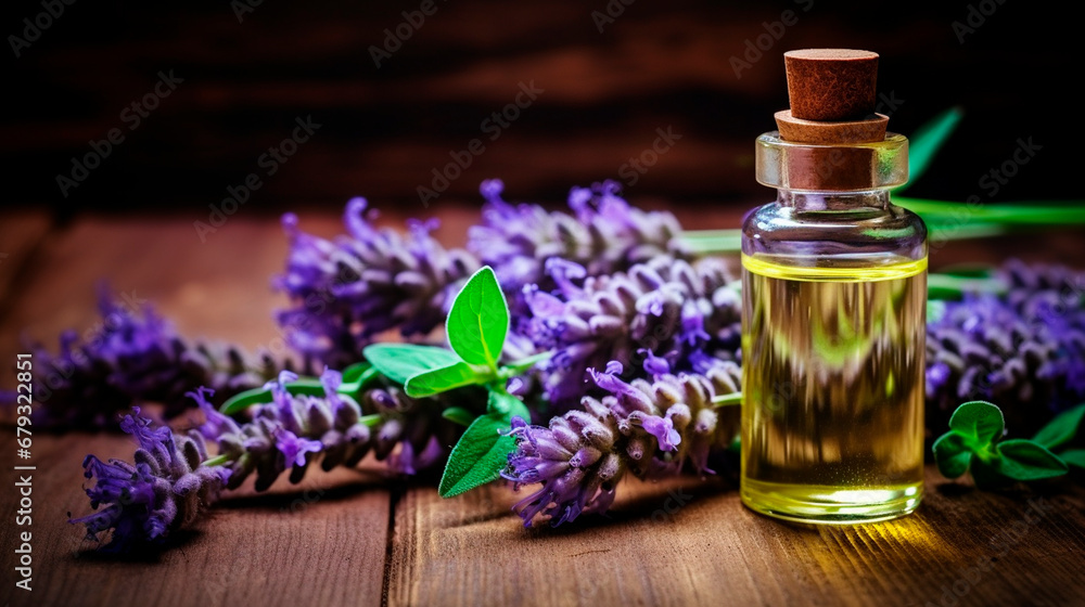 Hyssop essential oil in a bottle. Generative AI, Hyssop essential oil in a bottle. Generative AI,
