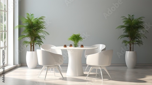 Stylish white dining room with large round table and designer chairs  cups coffee  large houseplant in pot. White plastic chairs pantone. Modern Kitchen interior design with furniture.