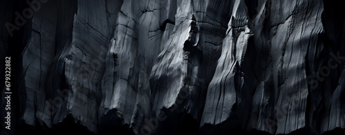 black and white photo of rugged cliffs with deep shadows and highlights, creating a dramatic and textured natural rock formation photo
