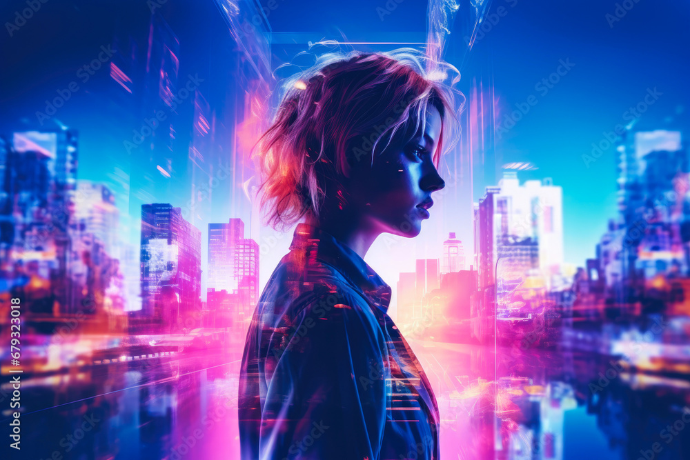 Obraz premium Dystopian Dreams: A Person in Neon Reflections