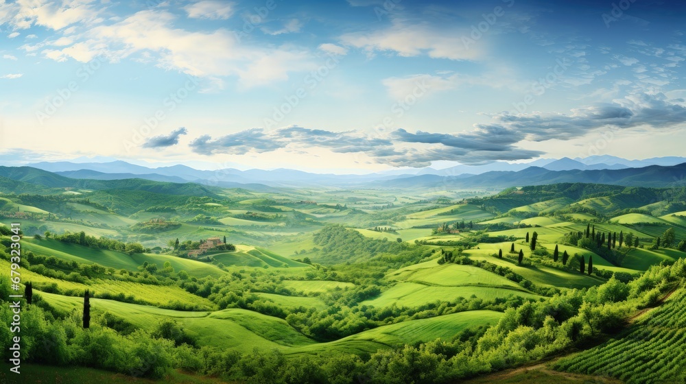 Obraz premium Beautiful and miraculous colors of green spring panorama landscape of Tuscany, Italy.